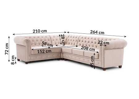 Cleo Blink - Chesterfield Ecksofa L-Form mit Schlaffunktion aus Samt mit Kristallsteppung und braunen Massivholzfüßen
