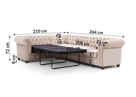 Cleo Blink - Chesterfield Ecksofa L-Form mit Schlaffunktion aus Samt mit Kristallsteppung und braunen Massivholzfüßen