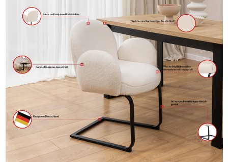 Vela - 2er Set Polsterstuhl im Japandi Stil und im runden Design aus weißem Bouclé mit schwarzem Metallgestell