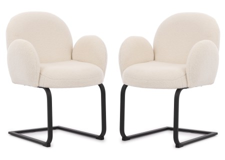 Vela - 2er Set Polsterstuhl im Japandi Stil und im runden Design aus weißem Bouclé mit schwarzem Metallgestell