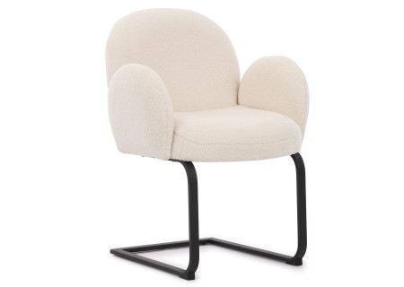 Vela - 2er Set Polsterstuhl im Japandi Stil und im runden Design aus weißem Bouclé mit schwarzem Metallgestell