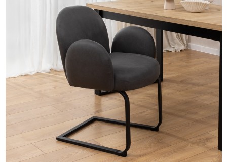 Vela - Polsterstuhl im Japandi Stil und im runden Design aus Mikrofaser Anthrazit Vintage mit schwarzem Metallgestell