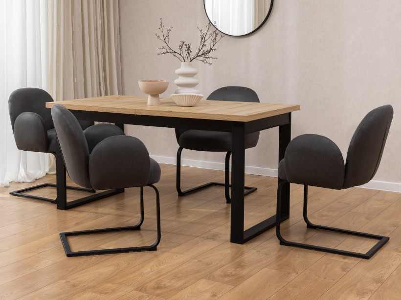 Vela - Polsterstuhl im Japandi Stil und im runden Design aus Mikrofaser Anthrazit Vintage mit schwarzem Metallgestell