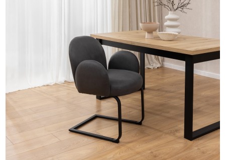 Vela - Polsterstuhl im Japandi Stil und im runden Design aus Mikrofaser Anthrazit Vintage mit schwarzem Metallgestell