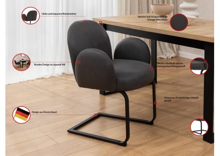 Vela - Polsterstuhl im Japandi Stil und im runden Design aus Mikrofaser Anthrazit Vintage mit schwarzem Metallgestell