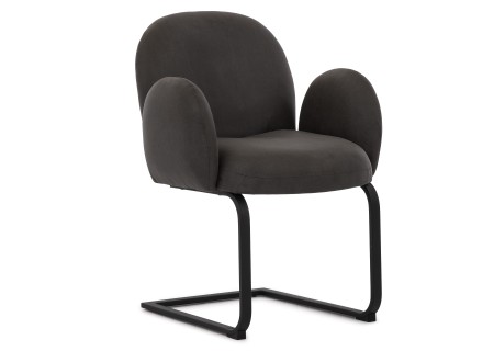 Vela - Polsterstuhl im Japandi Stil und im runden Design aus Mikrofaser Anthrazit Vintage mit schwarzem Metallgestell