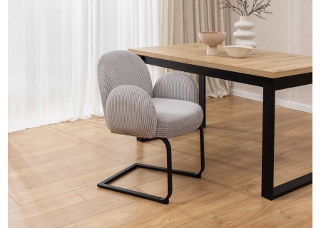 Vela - Polsterstuhl im Japandi Stil und im runden Design aus grauem Cord mit schwarzem Metallgestell