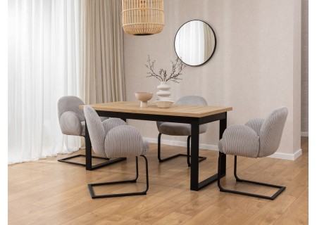 Vela - Polsterstuhl im Japandi Stil und im runden Design aus grauem Cord mit schwarzem Metallgestell