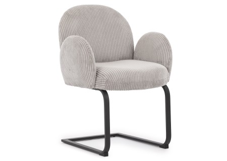 Vela - Polsterstuhl im Japandi Stil und im runden Design aus grauem Cord mit schwarzem Metallgestell