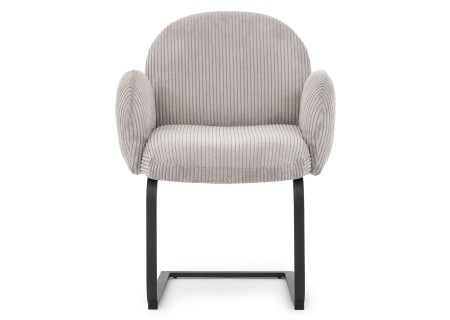 Vela - Polsterstuhl im Japandi Stil und im runden Design aus grauem Cord mit schwarzem Metallgestell