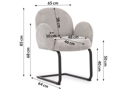 Vela - Polsterstuhl im Japandi Stil und im runden Design aus grauem Cord mit schwarzem Metallgestell