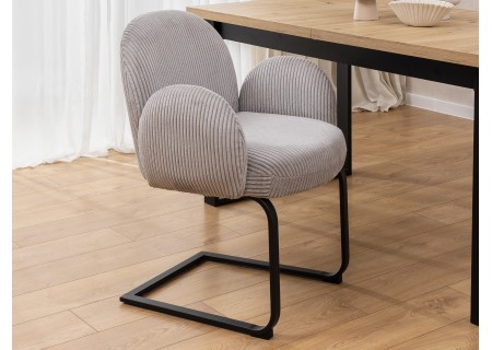 Vela - 2er Set Polsterstuhl im Japandi Stil und im runden Design aus grauem Cord mit schwarzem Metallgestell