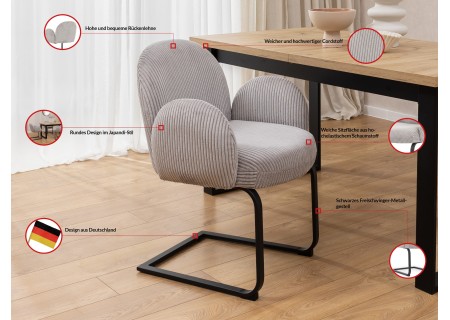 Vela - 2er Set Polsterstuhl im Japandi Stil und im runden Design aus grauem Cord mit schwarzem Metallgestell