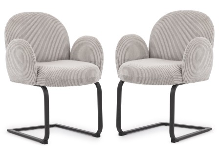 Vela - 2er Set Polsterstuhl im Japandi Stil und im runden Design aus grauem Cord mit schwarzem Metallgestell