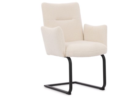Hera - Polsterstuhl im modernen Design aus weißem Bouclé mit Armlehnen und Freischwinger-Gestell aus schwarzem Metall