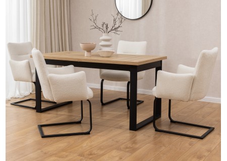 Hera - 2er Set Polsterstuhl im modernen Design aus weißem Bouclé mit Armlehnen und Freischwinger-Gestell aus schwarzem Metall