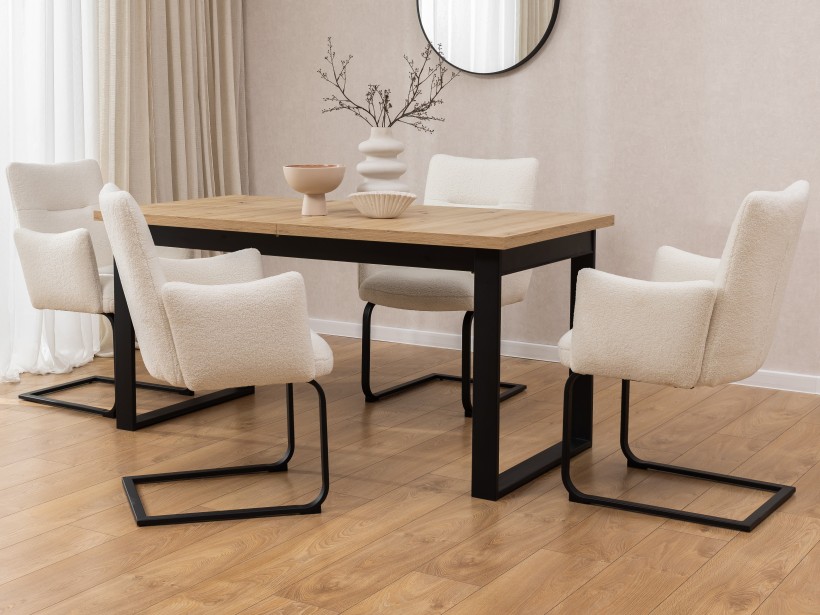 Hera - 2er Set Polsterstuhl im modernen Design aus weißem Bouclé mit Armlehnen und Freischwinger-Gestell aus schwarzem Metall