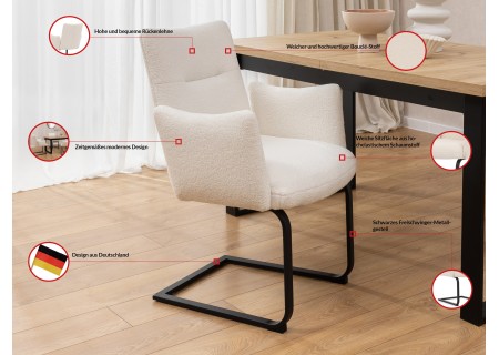 Hera - 2er Set Polsterstuhl im modernen Design aus weißem Bouclé mit Armlehnen und Freischwinger-Gestell aus schwarzem Metall