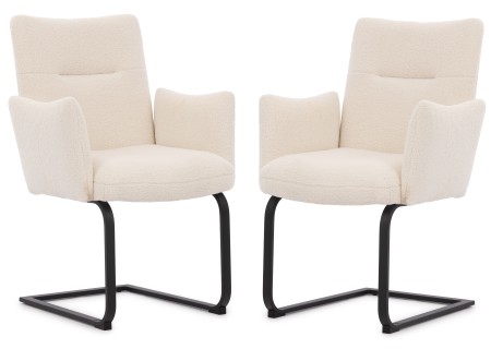 Hera - 2er Set Polsterstuhl im modernen Design aus weißem Bouclé mit Armlehnen und Freischwinger-Gestell aus schwarzem Metall