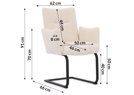 Hera - 2er Set Polsterstuhl im modernen Design aus weißem Bouclé mit Armlehnen und Freischwinger-Gestell aus schwarzem Metall