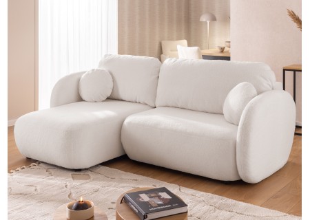 Candy - Modernes Ecksofa in L-Form mit Schlaffunktion und Stauraum aus Bouclé-Stoff, abgerundetes Design und hoher Sitzkomfort