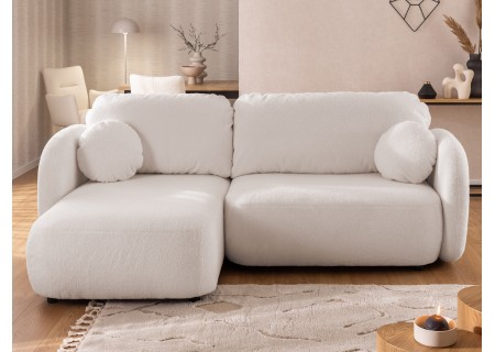Candy - Modernes Ecksofa in L-Form mit Schlaffunktion und Stauraum aus Bouclé-Stoff, abgerundetes Design und hoher Sitzkomfort