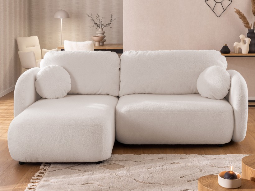 Candy - Modernes Ecksofa in L-Form mit Schlaffunktion und Stauraum aus Bouclé-Stoff, abgerundetes Design und hoher Sitzkomfort