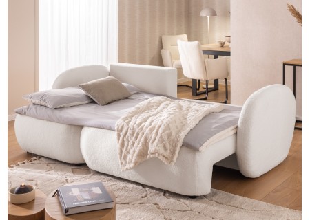 Candy - Modernes Ecksofa in L-Form mit Schlaffunktion und Stauraum aus Bouclé-Stoff, abgerundetes Design und hoher Sitzkomfort