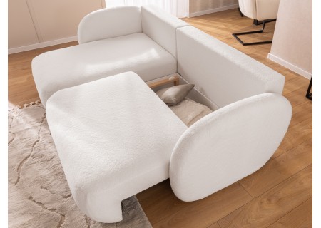 Candy - Modernes Ecksofa in L-Form mit Schlaffunktion und Stauraum aus Bouclé-Stoff, abgerundetes Design und hoher Sitzkomfort