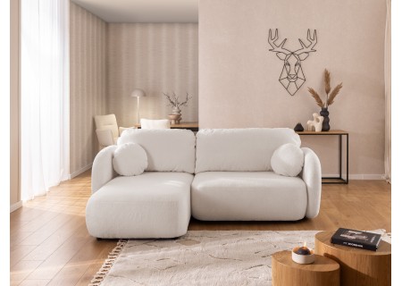 Candy - Modernes Ecksofa in L-Form mit Schlaffunktion und Stauraum aus Bouclé-Stoff, abgerundetes Design und hoher Sitzkomfort