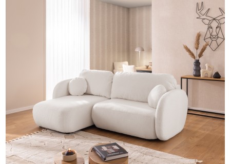 Candy - Modernes Ecksofa in L-Form mit Schlaffunktion und Stauraum aus Bouclé-Stoff, abgerundetes Design und hoher Sitzkomfort