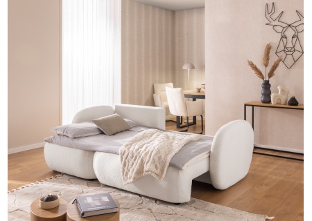 Candy - Modernes Ecksofa in L-Form mit Schlaffunktion und Stauraum aus Bouclé-Stoff, abgerundetes Design und hoher Sitzkomfort