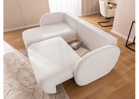 Candy - Modernes Ecksofa in L-Form mit Schlaffunktion und Stauraum aus Bouclé-Stoff, abgerundetes Design und hoher Sitzkomfort