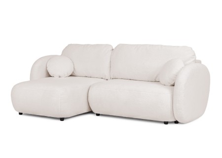 Candy - Modernes Ecksofa in L-Form mit Schlaffunktion und Stauraum aus Bouclé-Stoff, abgerundetes Design und hoher Sitzkomfort