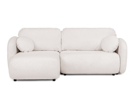 Candy - Modernes Ecksofa in L-Form mit Schlaffunktion und Stauraum aus Bouclé-Stoff, abgerundetes Design und hoher Sitzkomfort