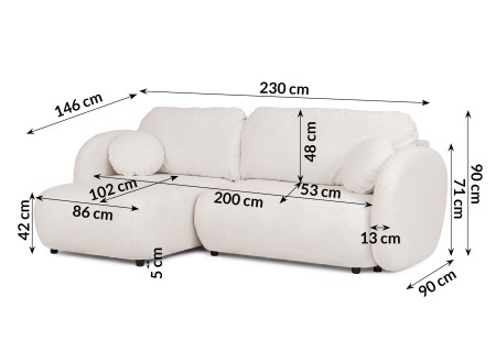 Candy - Modernes Ecksofa in L-Form mit Schlaffunktion und Stauraum aus Bouclé-Stoff, abgerundetes Design und hoher Sitzkomfort