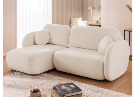 Candy - Modernes Ecksofa in L-Form mit Schlaffunktion und Stauraum aus Bouclé-Stoff, abgerundetes Design und hoher Sitzkomfort