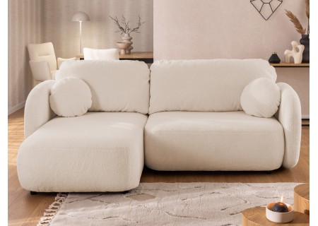 Candy - Modernes Ecksofa in L-Form mit Schlaffunktion und Stauraum aus Bouclé-Stoff, abgerundetes Design und hoher Sitzkomfort