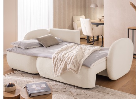 Candy - Modernes Ecksofa in L-Form mit Schlaffunktion und Stauraum aus Bouclé-Stoff, abgerundetes Design und hoher Sitzkomfort