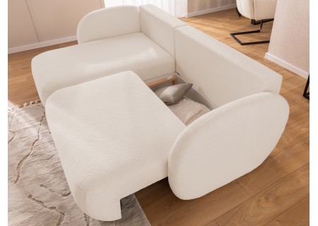 Candy - Modernes Ecksofa in L-Form mit Schlaffunktion und Stauraum aus Bouclé-Stoff, abgerundetes Design und hoher Sitzkomfort