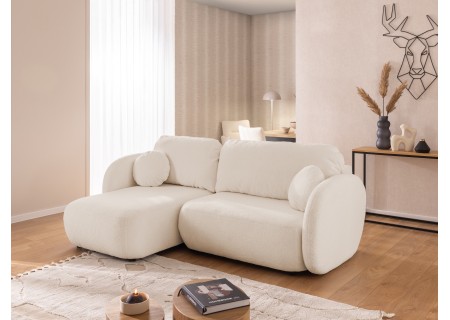 Candy - Modernes Ecksofa in L-Form mit Schlaffunktion und Stauraum aus Bouclé-Stoff, abgerundetes Design und hoher Sitzkomfort