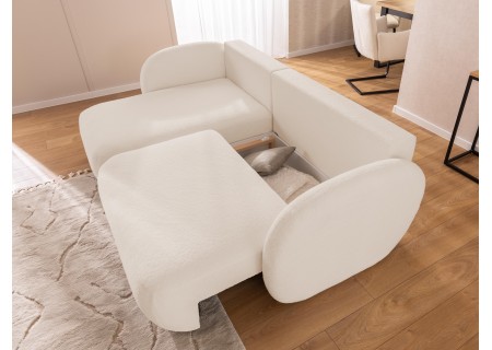 Candy - Modernes Ecksofa in L-Form mit Schlaffunktion und Stauraum aus Bouclé-Stoff, abgerundetes Design und hoher Sitzkomfort
