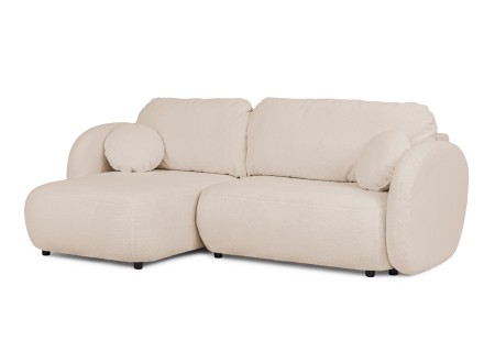 Candy - Modernes Ecksofa in L-Form mit Schlaffunktion und Stauraum aus Bouclé-Stoff, abgerundetes Design und hoher Sitzkomfort