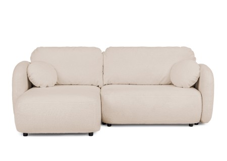 Candy - Modernes Ecksofa in L-Form mit Schlaffunktion und Stauraum aus Bouclé-Stoff, abgerundetes Design und hoher Sitzkomfort