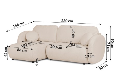 Candy - Modernes Ecksofa in L-Form mit Schlaffunktion und Stauraum aus Bouclé-Stoff, abgerundetes Design und hoher Sitzkomfort
