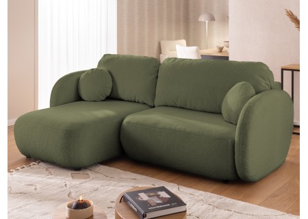 Candy - Modernes Ecksofa in L-Form mit Schlaffunktion und Stauraum aus Bouclé-Stoff, abgerundetes Design und hoher Sitzkomfort