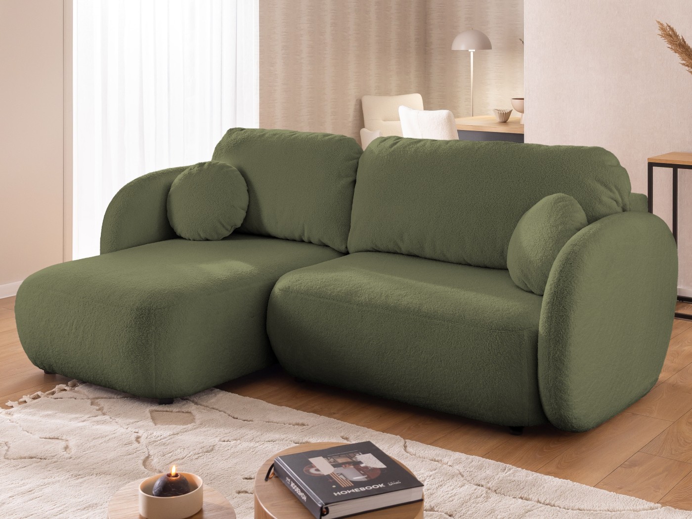 Candy - Modernes Ecksofa in L-Form mit Schlaffunktion und Stauraum aus Bouclé-Stoff, abgerundetes Design und hoher Sitzkomfort