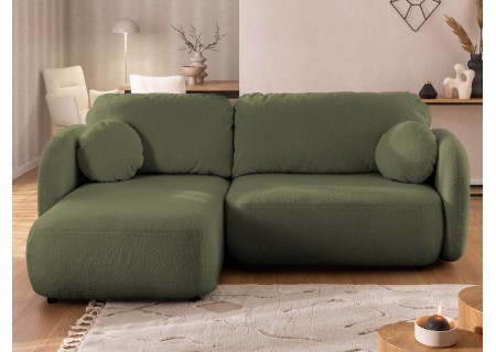 Candy - Modernes Ecksofa in L-Form mit Schlaffunktion und Stauraum aus Bouclé-Stoff, abgerundetes Design und hoher Sitzkomfort