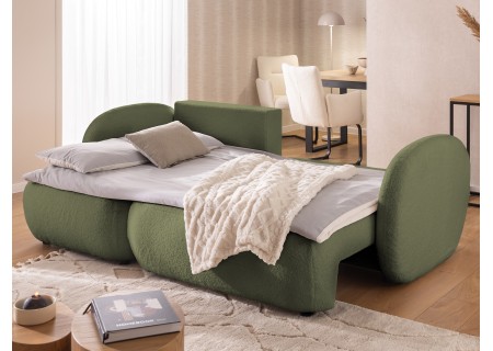 Candy - Modernes Ecksofa in L-Form mit Schlaffunktion und Stauraum aus Bouclé-Stoff, abgerundetes Design und hoher Sitzkomfort