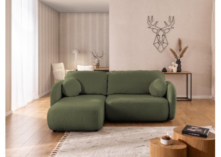 Candy - Modernes Ecksofa in L-Form mit Schlaffunktion und Stauraum aus Bouclé-Stoff, abgerundetes Design und hoher Sitzkomfort